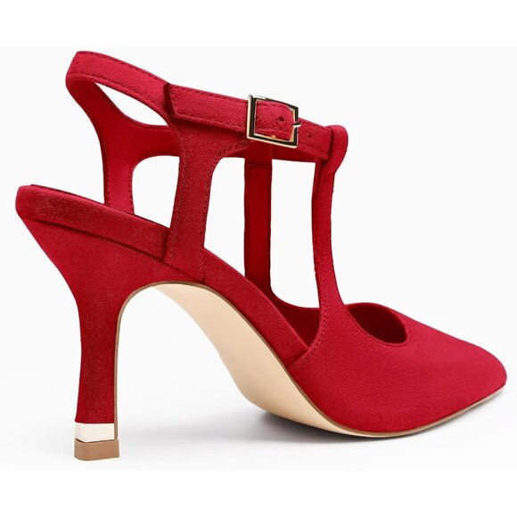 Coutgo Women's Red 1 Pointed Toe Ankle Strap Patent Leather Stiletto High Heels - Picture 4 of 5